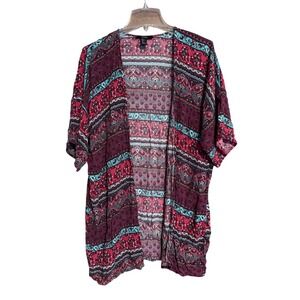 Forever 21 Women Small Burgundy Teal Boho Paisley Floral Open Front Kimono Top
